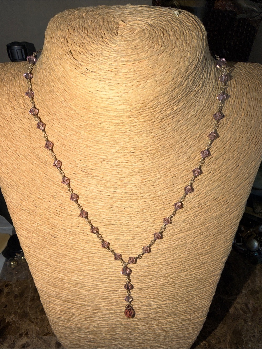 Delicate light lavender Crystal Y-Necklace Sterling Silver vintage artisan